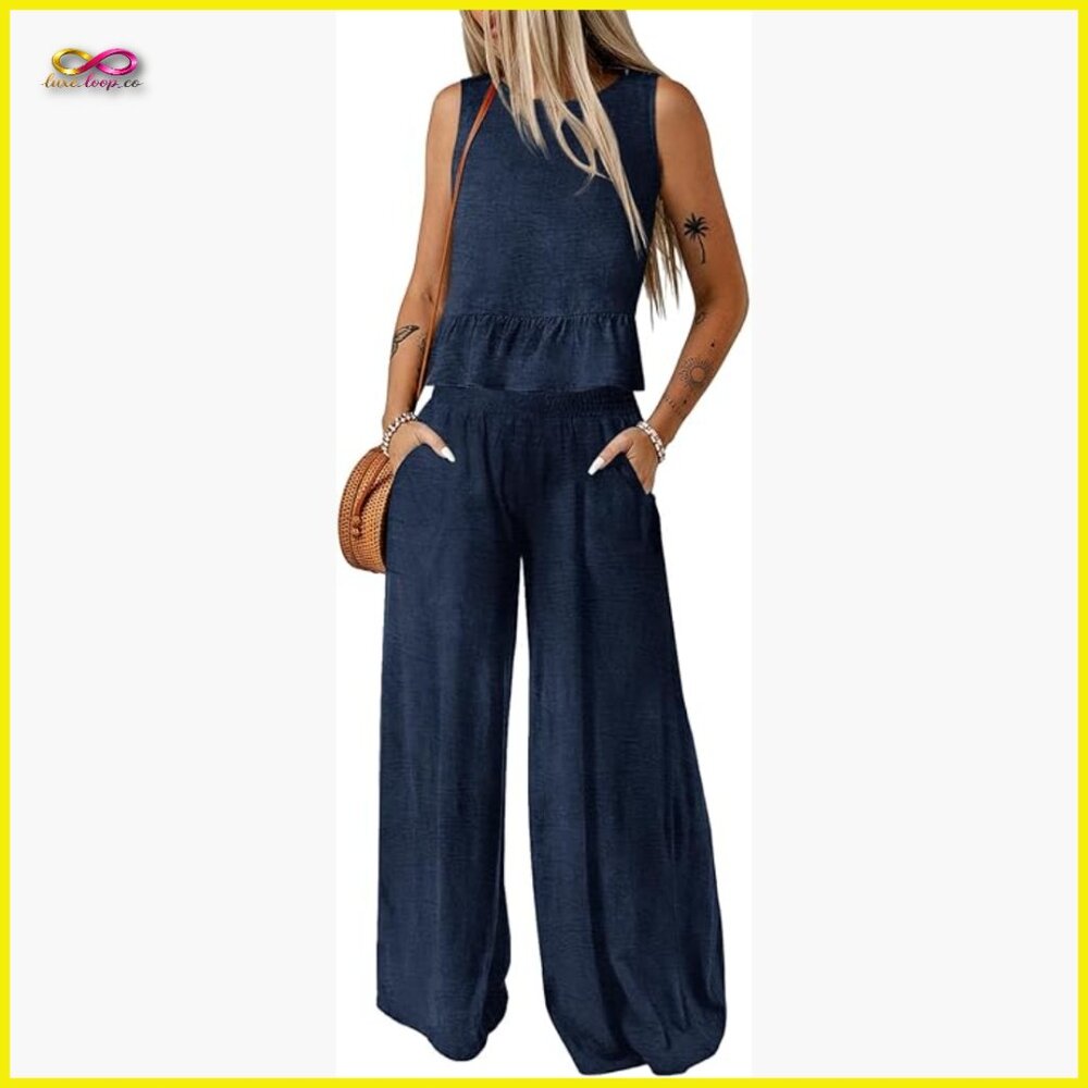 Wide Leg Two Piece Set Sleeveless Tank Top Elastic Waist Casual Chic Outfit